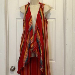 L&B Long Vest with Red Serape Stripe and Fringed edges - Size L